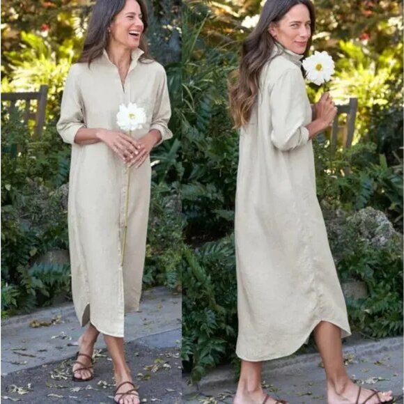 Frank & Eileen Rory Washed Linen Maxi Shirtdress In Sand Beige Size XXS - Picture 3 of 5